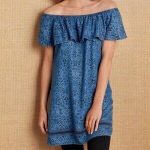 SOFT SURROUNDINGS Dark Wash Denim Chambray Aztec Boho Off the Shoulder Tunic Top